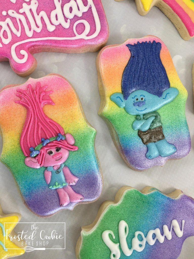 Trolls Sugar Cookies
 Rainbow Colored Trolls Birthday Party Sugar Cookies