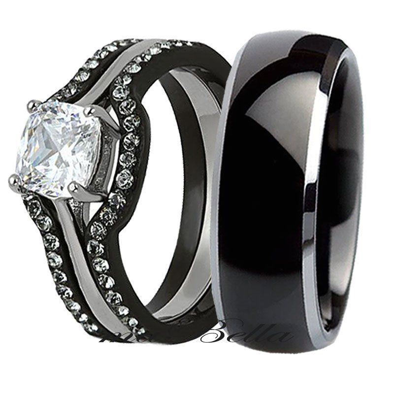 Tungsten Wedding Rings For Her
 His Tungsten Her 4 Piece Black Stainless Steel Wedding