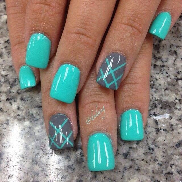 Turquoise Nail Ideas
 Criss cross teal & gray nails Nails to do