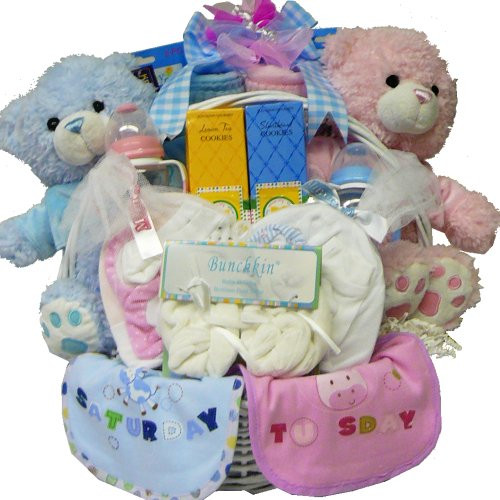 Twin Baby Gift
 Double The Fun Twin New Baby Gift Basket 1 Pink Girl and 1