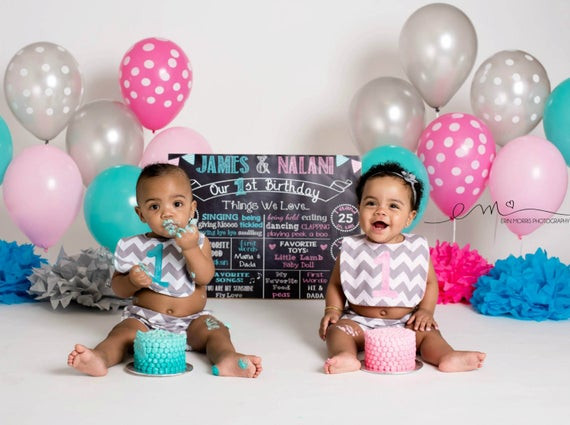 Twin First Birthday Party Ideas
 Twins First Birthday Chalkboard First Birthday Poster