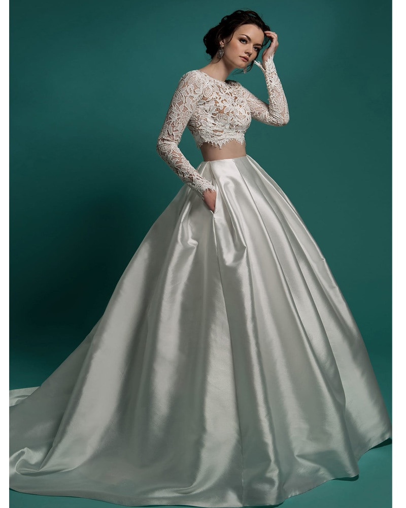 Two Piece Wedding Gown
 Two Pieces Wedding Dresses With Long Sleeves Bridal Lace