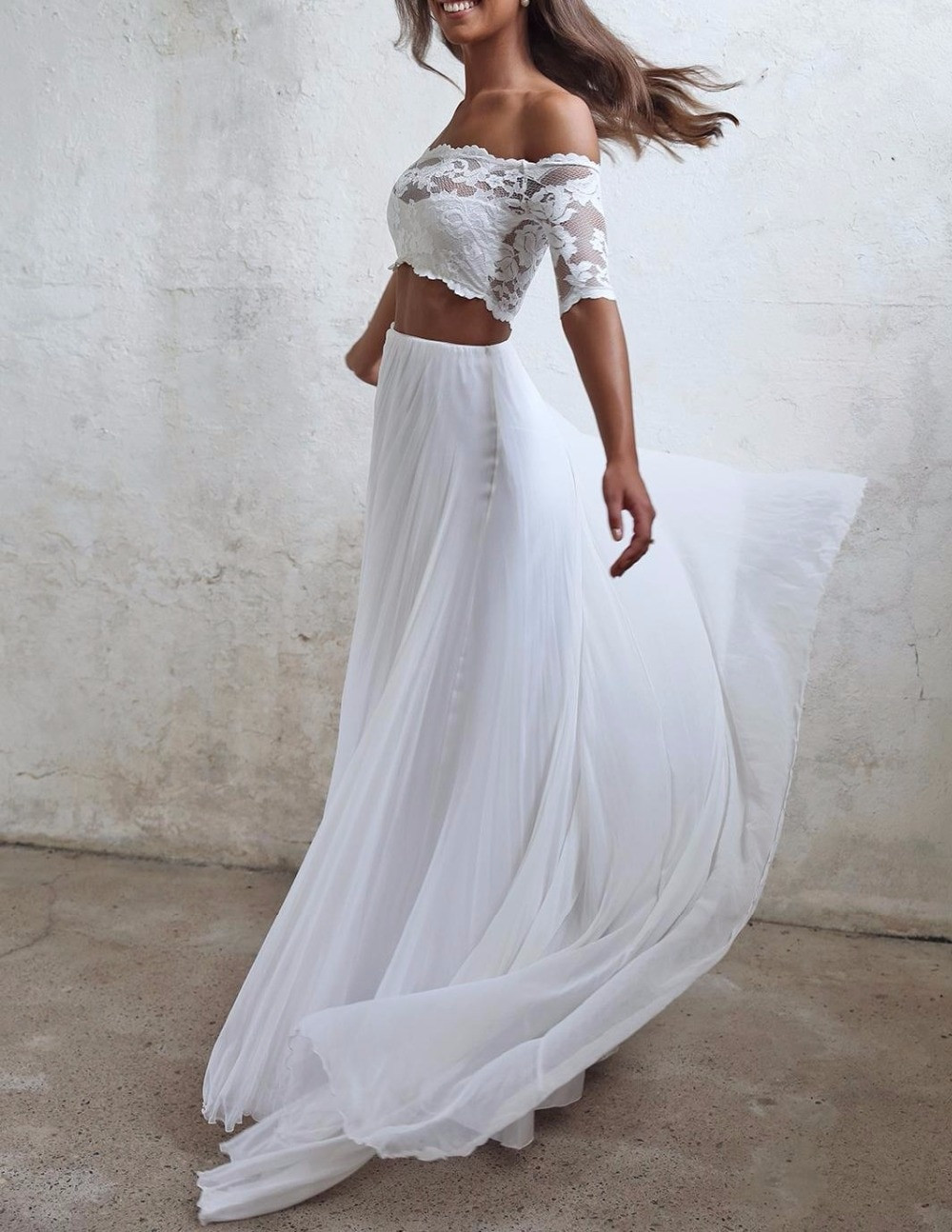 Two Piece Wedding Gown
 Seductive Lace 2 Two Piece Wedding Dresses Summer Chiffon