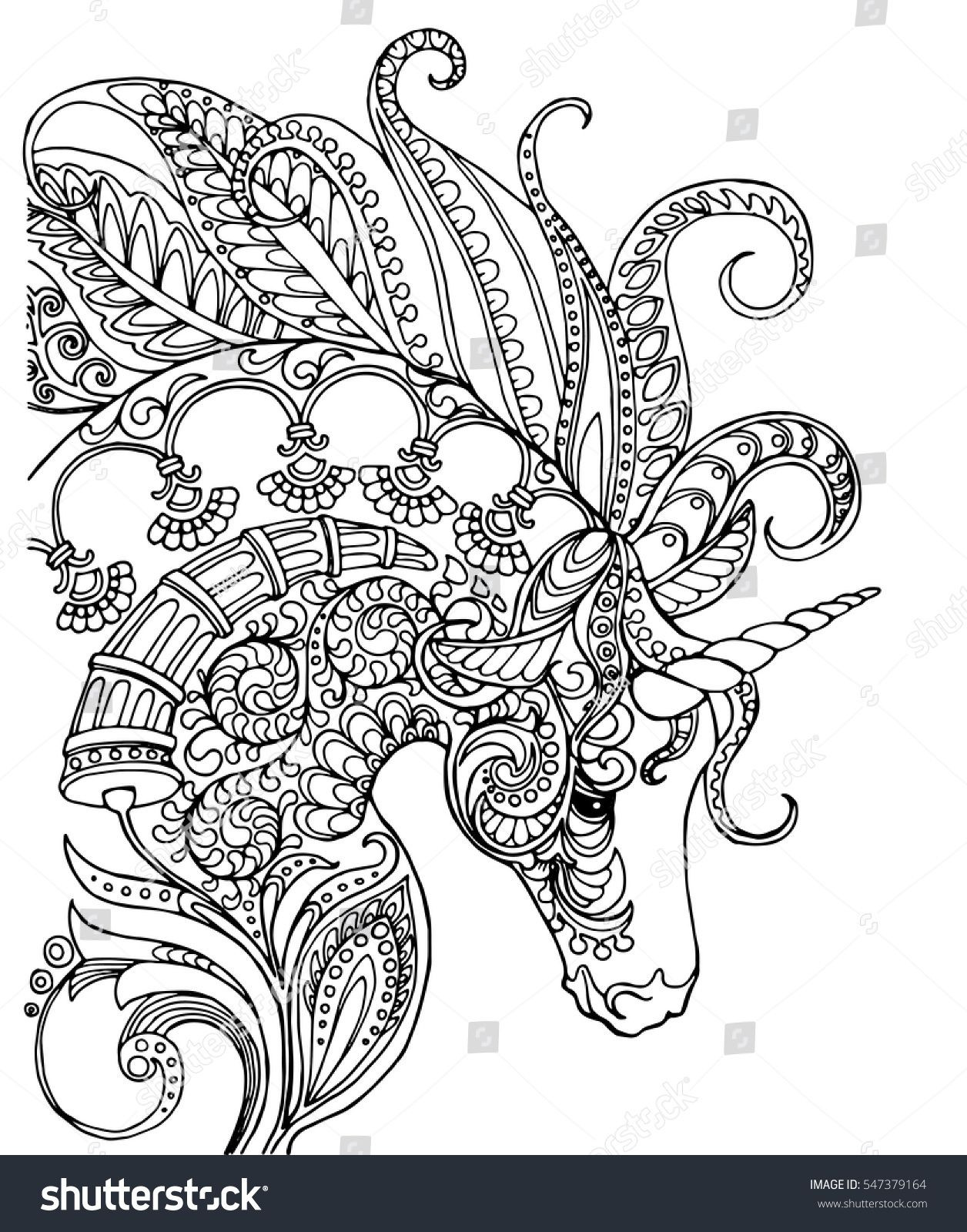 Unicorn Adult Coloring Book
 Elegant zentangle patterned unicorn doodle page for adult