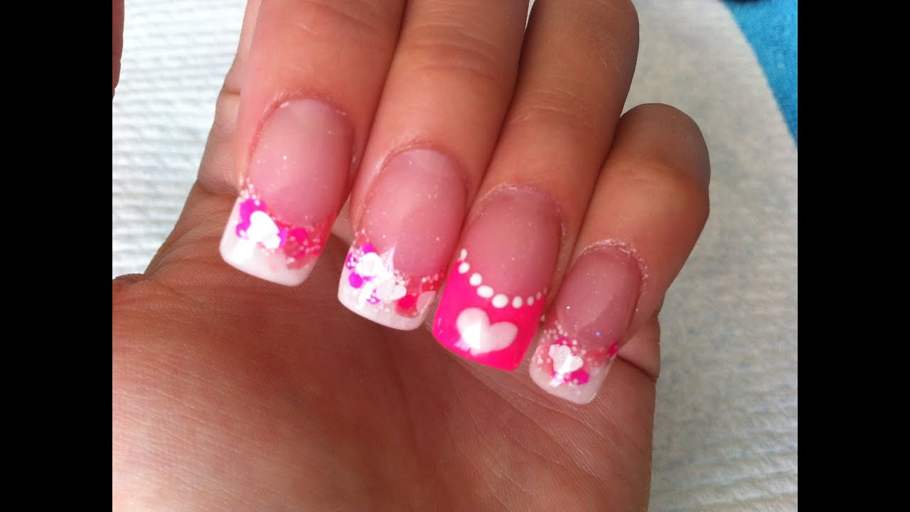 Valentines Acrylic Nail Designs
 Acrylic Nails Neon Pink and White Valentines design