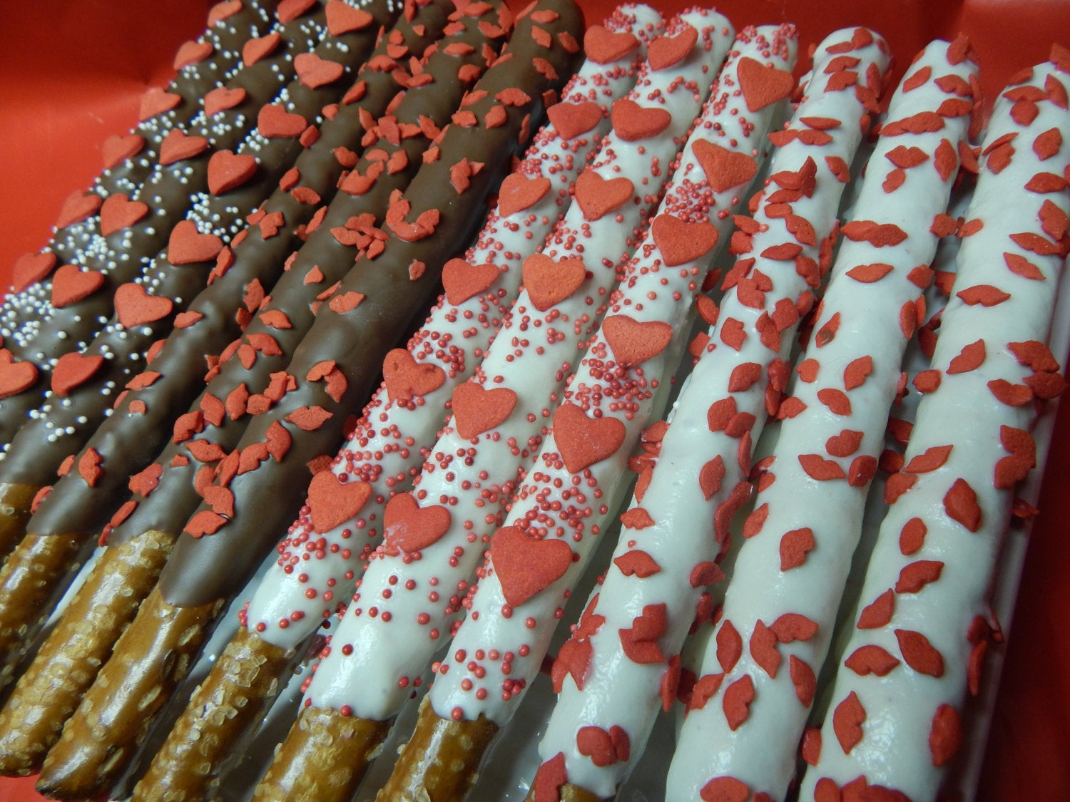 Valentines Chocolate Covered Pretzels
 Gourmet Chocolate Covered Valentine Pretzel Rods with Pink