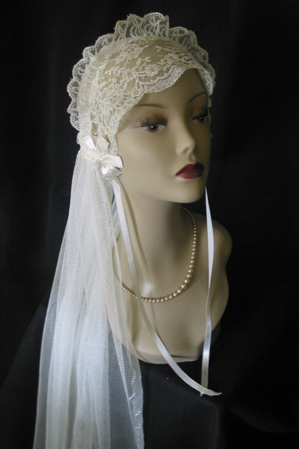 Vintage Veils Wedding
 Vintage 1920 s Lace Wedding Veil Ivory Satin Ribbon