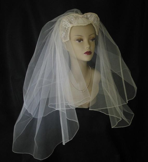 Vintage Veils Wedding
 Vintage 1940s Beaded Wedding Bridal Headpiece and Veil