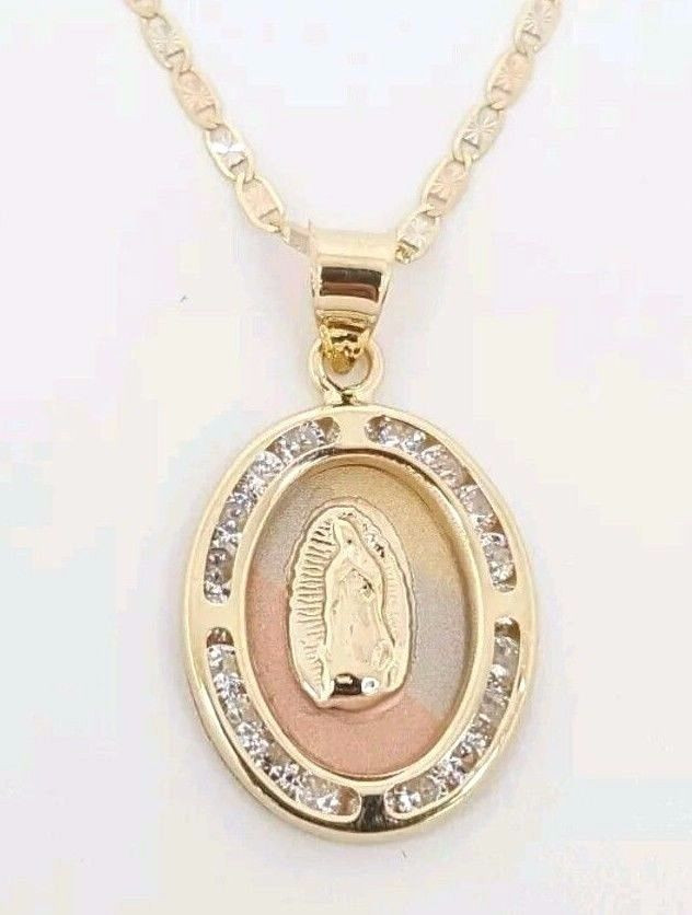Virgin Mary Necklace
 14k Solid Tri Color Gold Virgin Mary Guadalupe Baptism