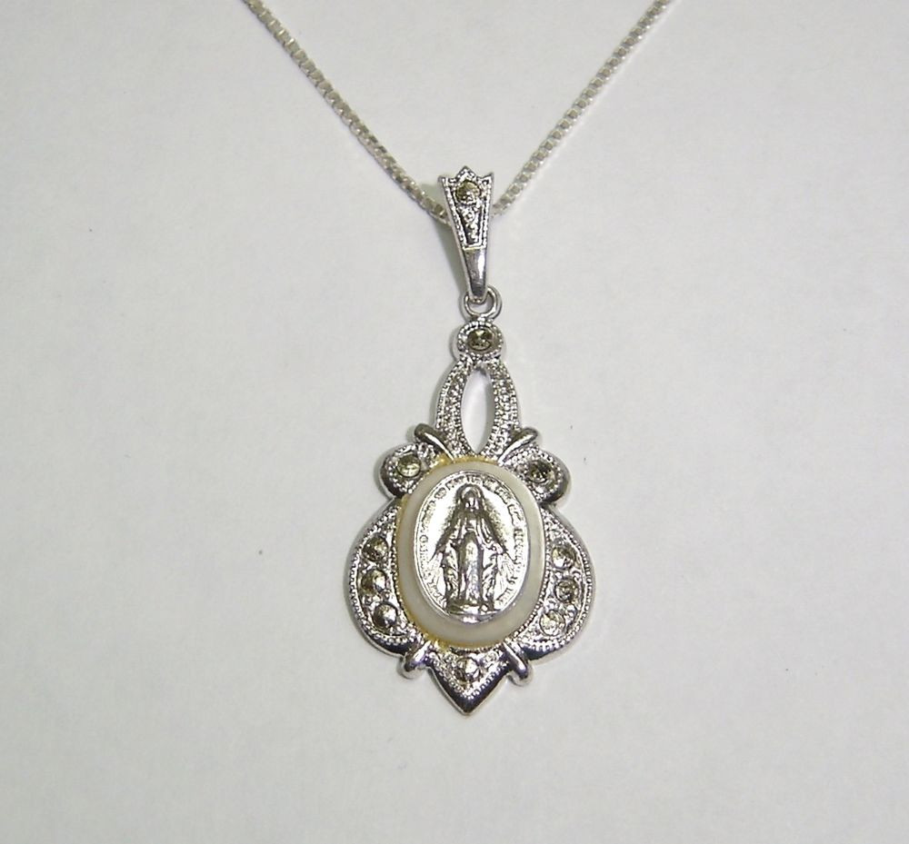 Virgin Mary Necklace
 VIRGIN MARY PENDANT NECKLACE W MARCASITE & MOP SET IN