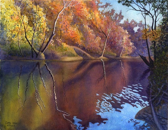 Watercolor Landscape Painting
 Autumn landscape art watercolor painting print by Cathy
