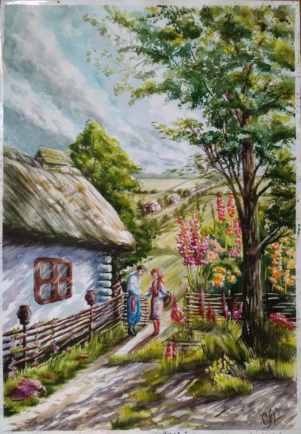 Watercolor Landscape Painting
 Countryside watercolor landscape painting Typical ukrainian