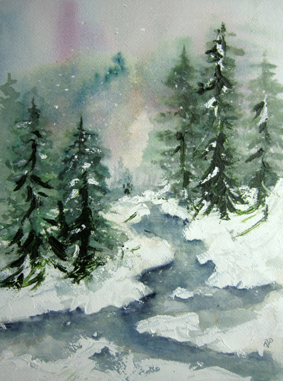 Watercolor Landscape Painting
 Winter Brook Print of Original Watercolor Landscape Painting