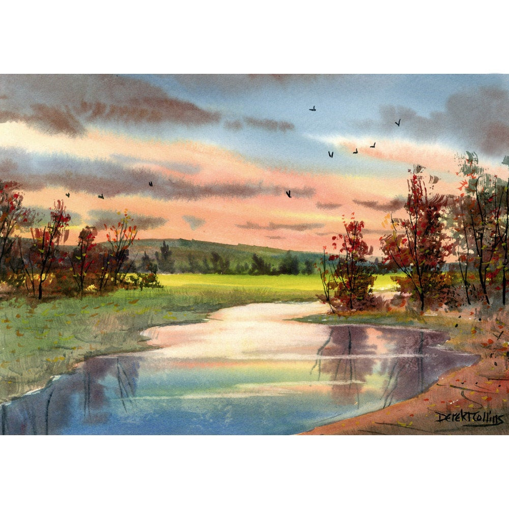 Watercolor Landscape Painting
 watercolor Painting landscape painting Creek PRINT Sunset tree