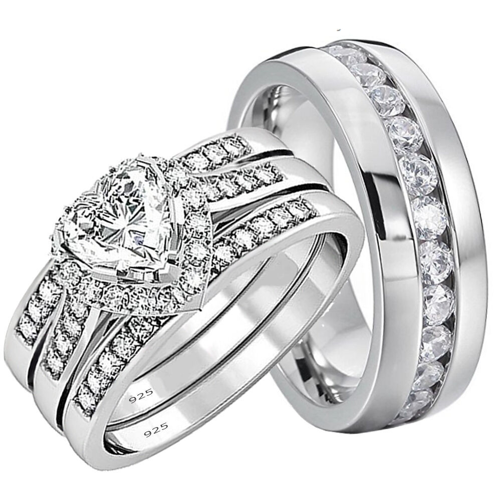 Wedding Bands Set
 His and Hers Wedding Rings 4 pcs Engagement Sterling