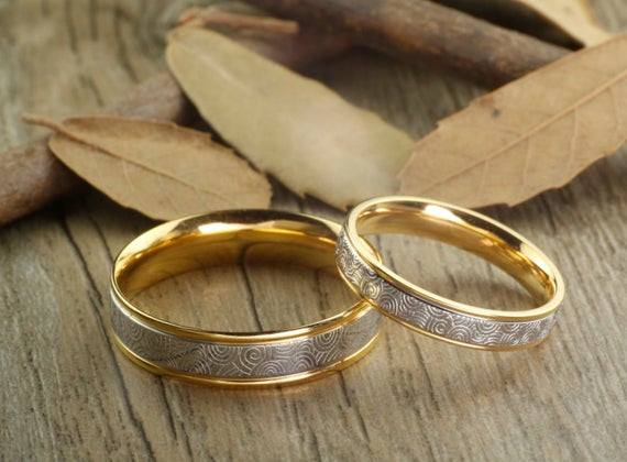 Wedding Bands Set
 Handmade Gold Wedding Bands Couple Rings Set Titanium Rings