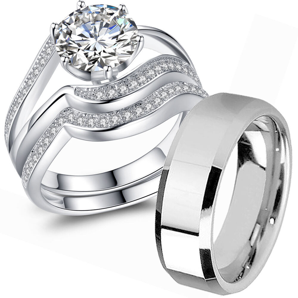 Wedding Bands Set
 Couple Wedding Ring Sets His and Hers 925 Sterling Silver