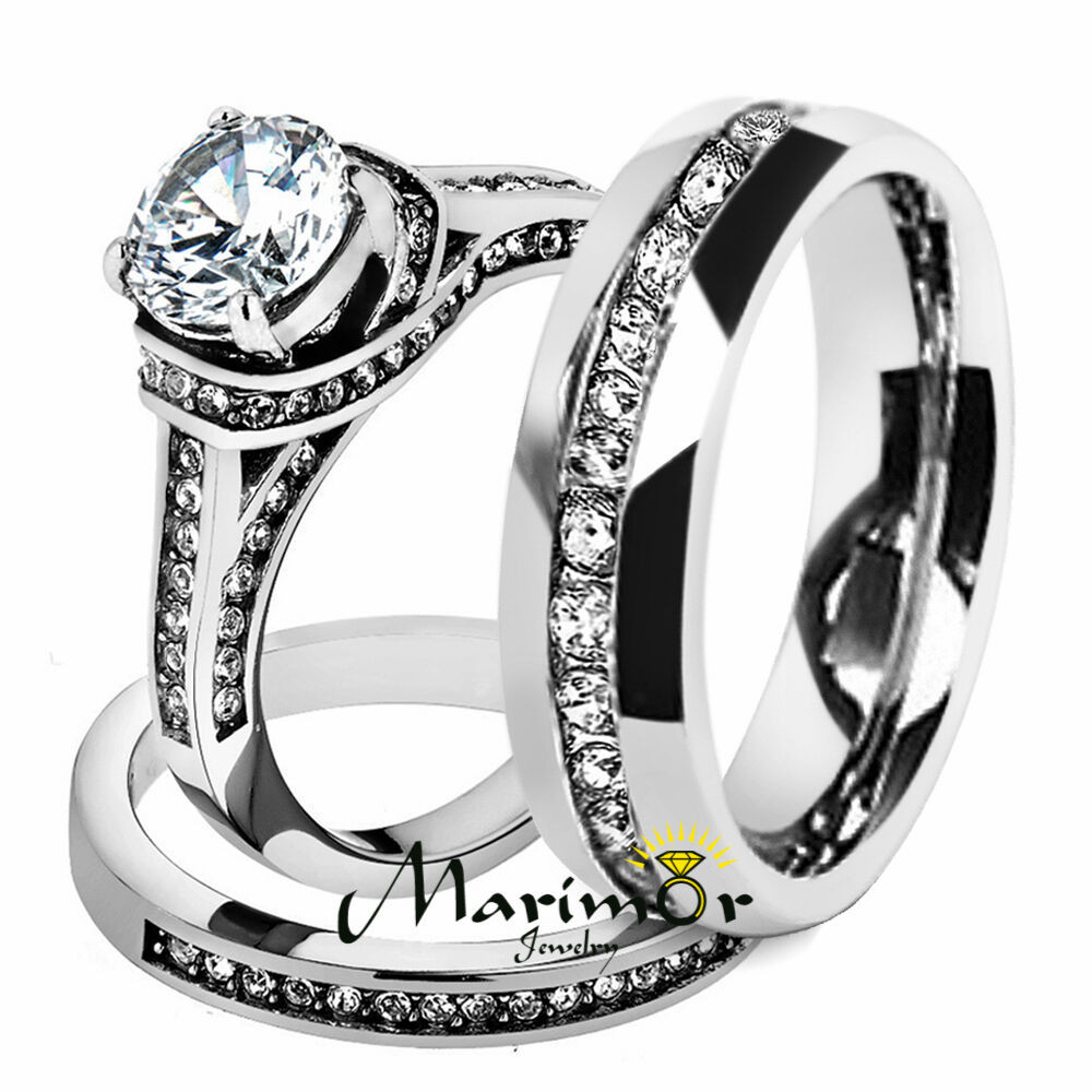 Wedding Bands Set
 Hers & His Stainless Steel 3 Piece Cz Wedding Ring Set and