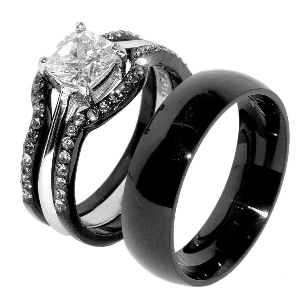Wedding Bands Set
 His & Hers 4 PCS Black IP Stainless Steel Wedding Ring Set