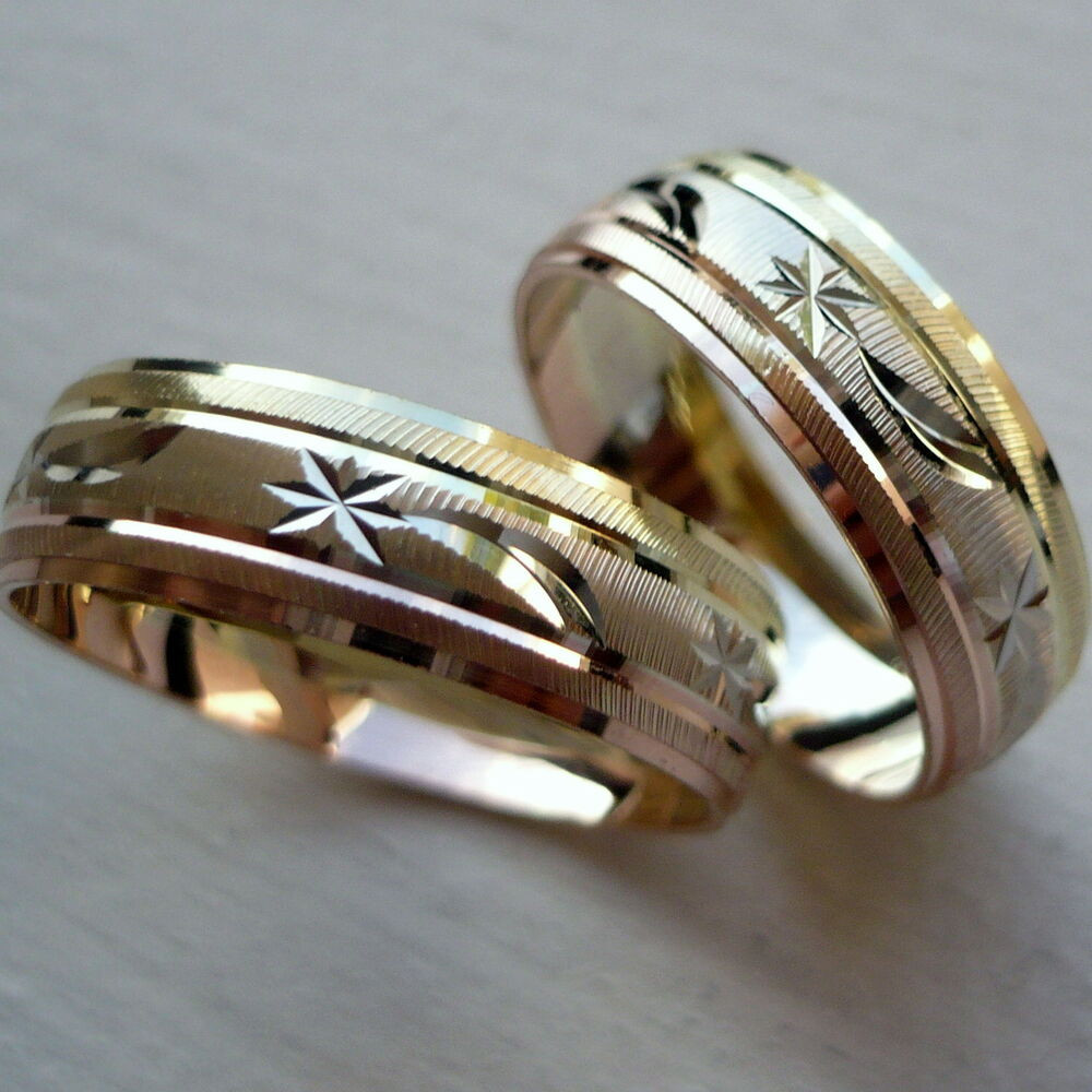 Wedding Bands Set
 14K SOLID TRICOLOR GOLD HIS AND HER WEDDING BAND RING SET
