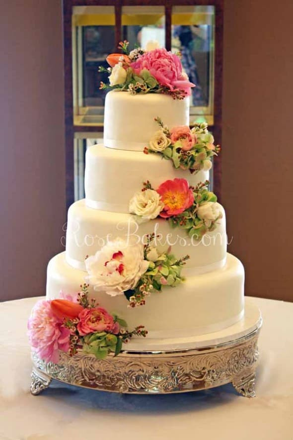 Wedding Cake With Flowers
 White Wedding Cake with Cascading Fresh Flowers Rose Bakes