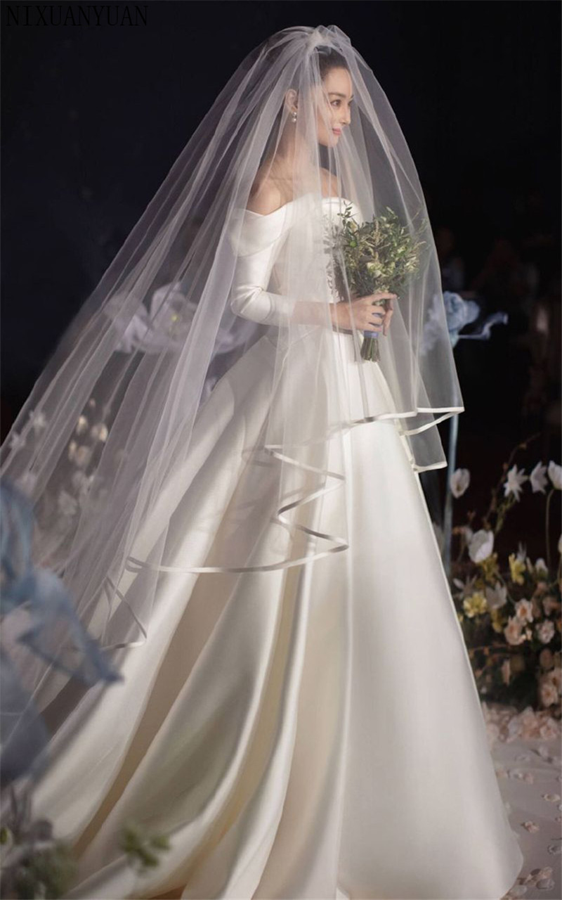 Wedding Dress And Veil
 Women Wedding Dress Veil Two Layers Tulle Ribbon Edge