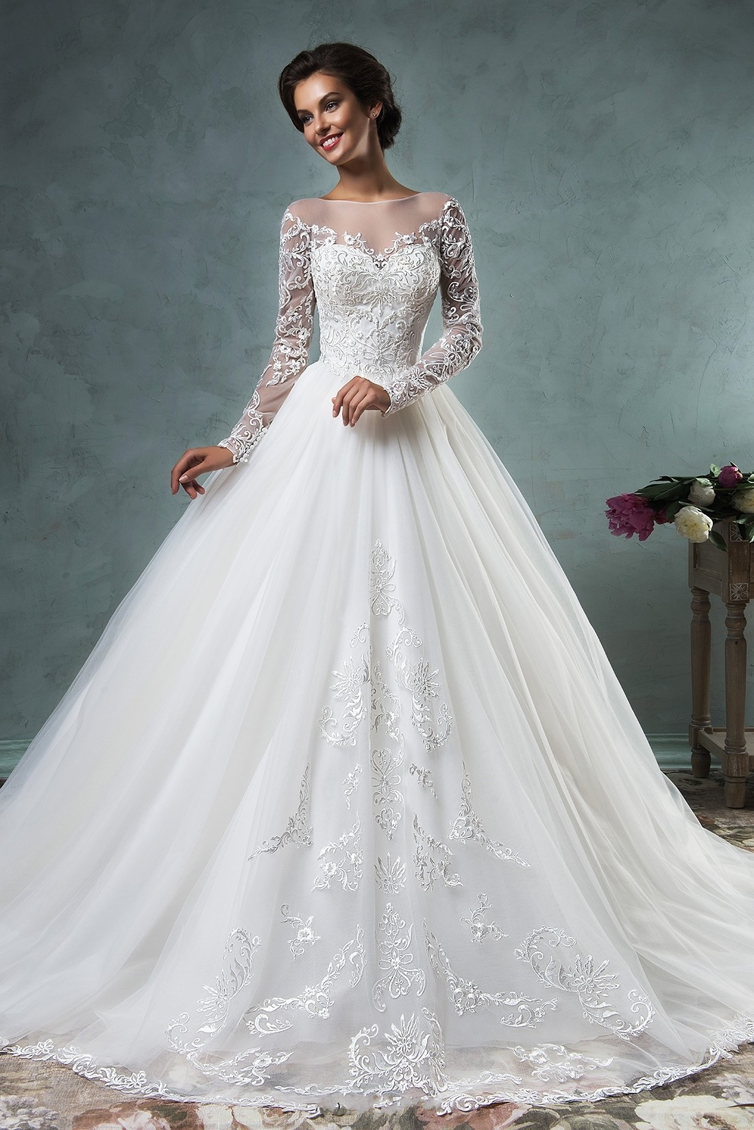 Wedding Dress With Lace Sleeves
 2020 A line Wedding Dresses Sheer Neck Lace Long Sleeves
