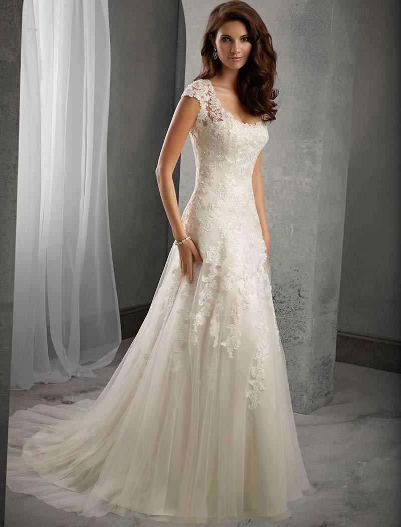Wedding Dress With Lace Sleeves
 Ivory Lace Cap Sleeves Court Train Wedding Mermaid Dress