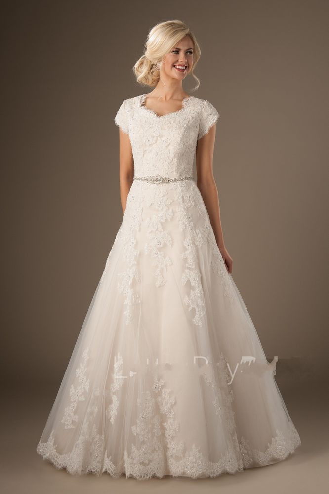 Wedding Dresses Modest
 Modest Lace Short Sleeve Wedding Dress Garden Bridal Gown