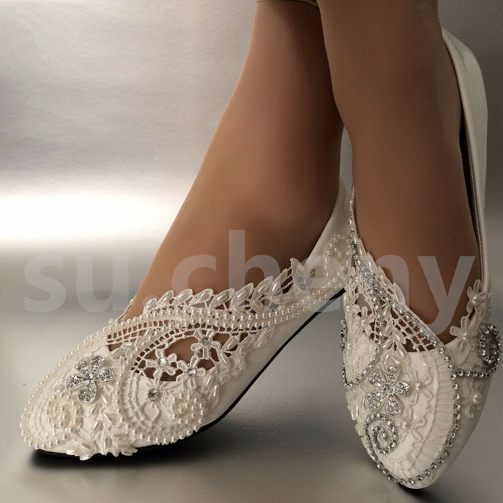 Wedding Flat Shoes For Bride
 White ivory pearls lace crystal Wedding shoes flat