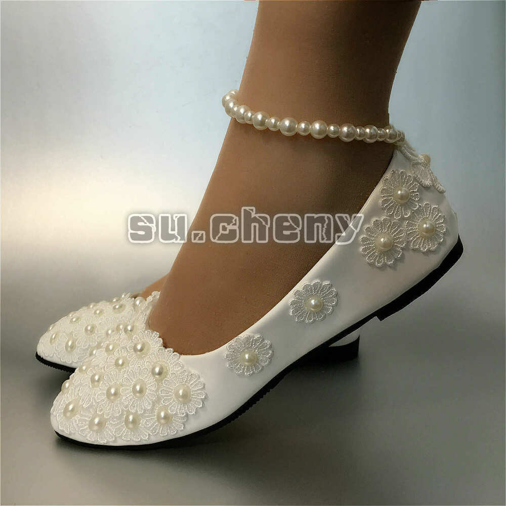 Wedding Flat Shoes For Bride
 White lace Wedding shoes pearls ankle trap Bridal flats