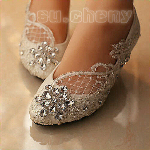 Wedding Flat Shoes For Bride
 sueny Lace white ivory crystal flats low high heel pump