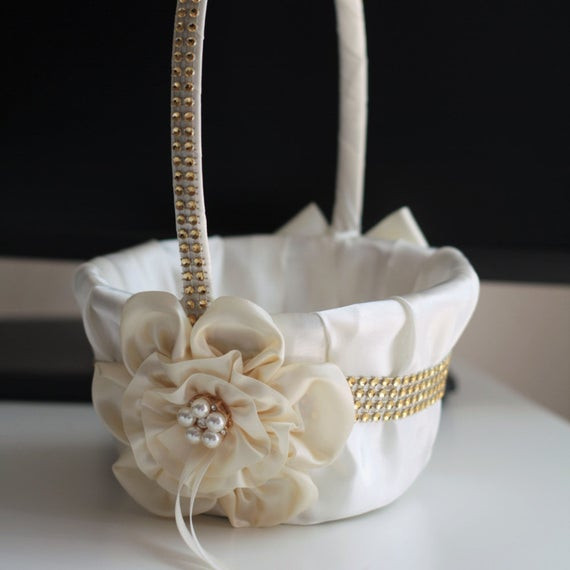 Wedding Flower Girl Basket
 Ivory flower girl basket Ivory gold wedding basket gold
