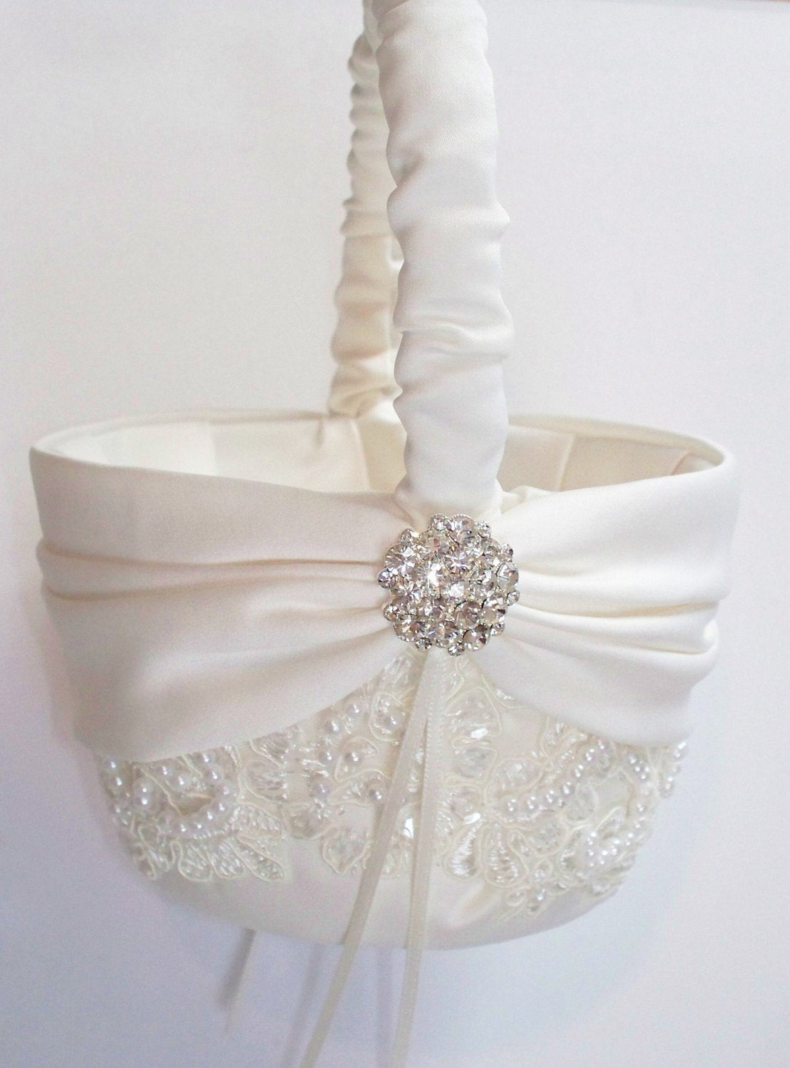 Wedding Flower Girl Basket
 Wedding Flower Girl Basket with Beaded Alencon Lace Ivory