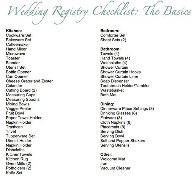 Wedding Gift Registry Ideas
 Basic Wedding Registry Checklist