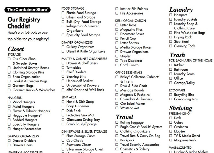 Wedding Gift Registry
 Wedding registry checklist from the Container Store