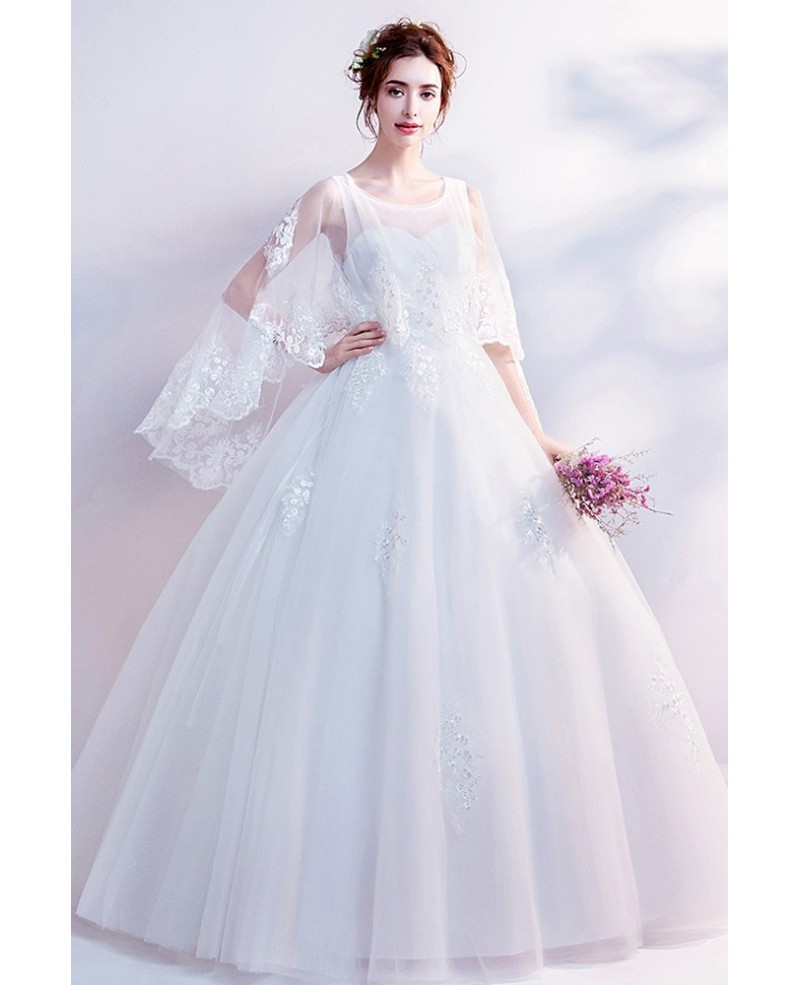 Wedding Gown Prices
 Dreamy Lace Cape Sleeves Big Ball Gown Wedding Dress