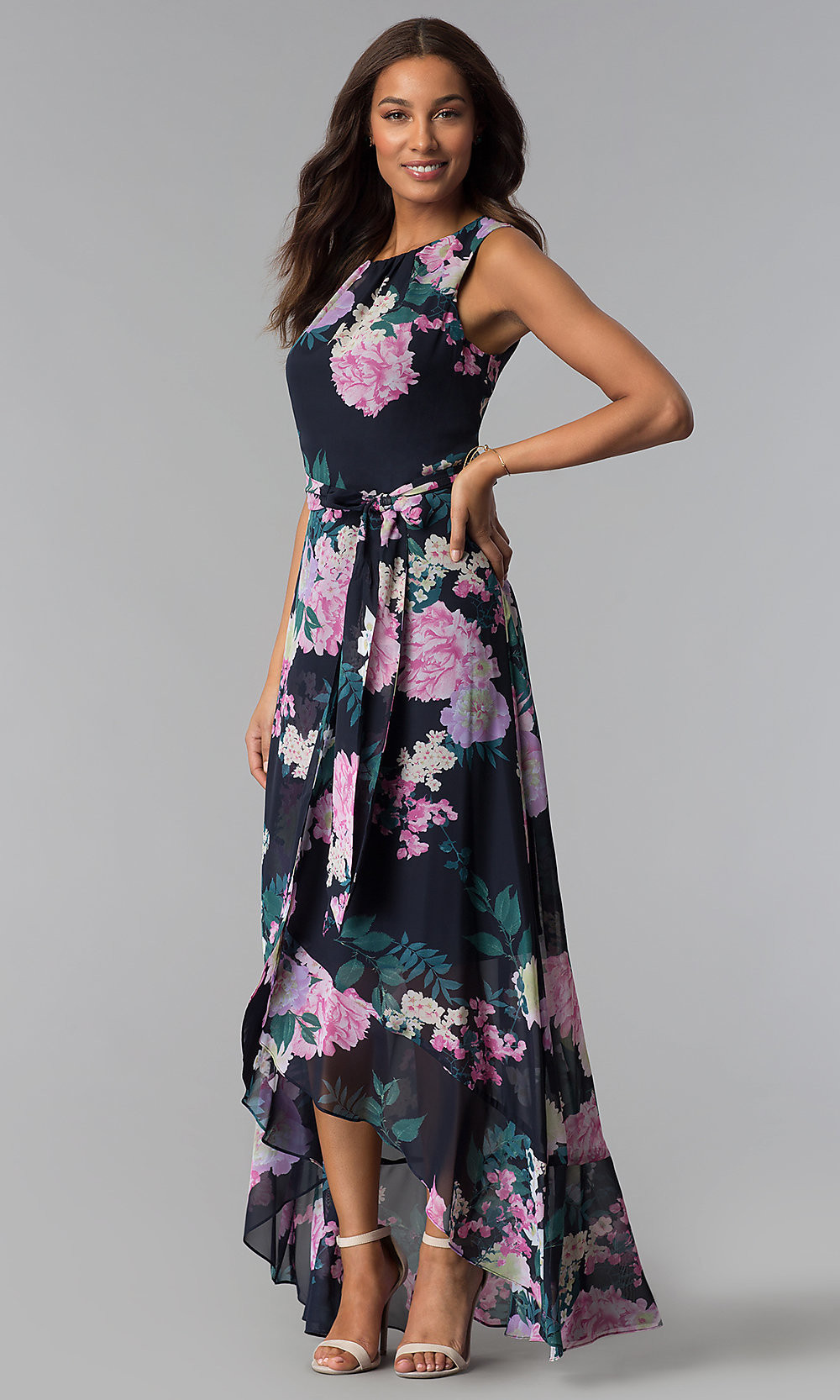 Wedding Guest Gowns
 Floral Print Navy High Low Wedding Guest Dress