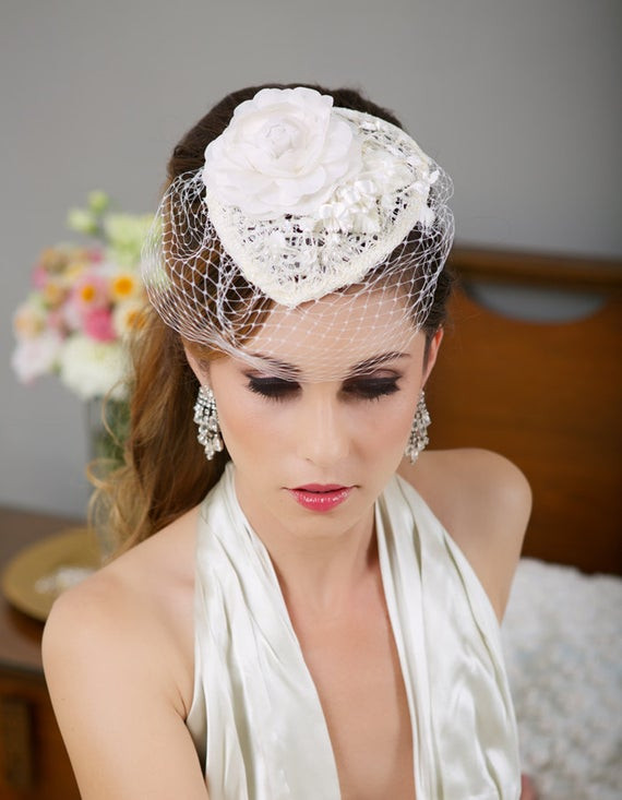 Wedding Hat Veil
 Ivory Lace Bridal Hat Birdcage Veil Hat Wedding by