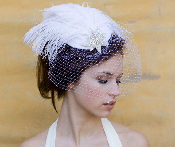 Wedding Hat Veil
 Wedding Veil Birdcage Veil Bridal Hat Feather by