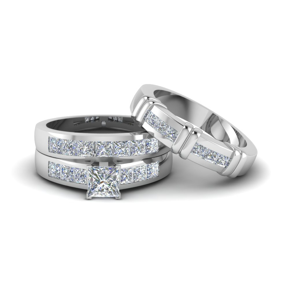 Wedding Ring Sets For Him And Her White Gold
 Princess Cut Diamond Trio Matching Ring For Him And Her In