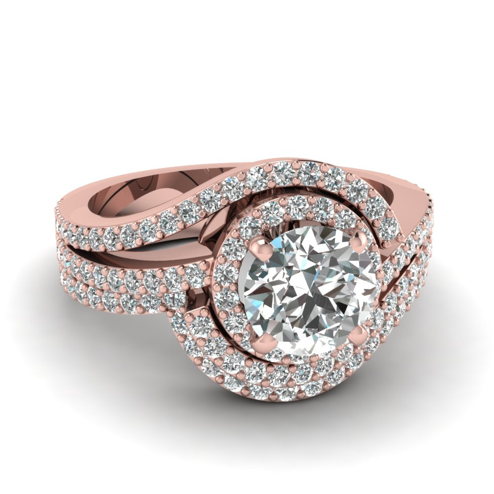 Wedding Ring Sets Rose Gold
 Swirl Round Diamond Halo Wedding Ring Set In 14K Rose Gold