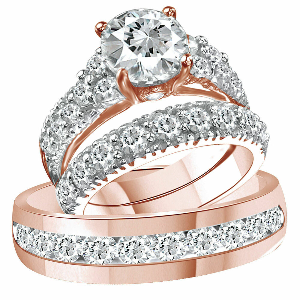 Wedding Ring Sets Rose Gold
 14K Solid Rose Gold D VVS1 Diamond Trio Bridal Wedding