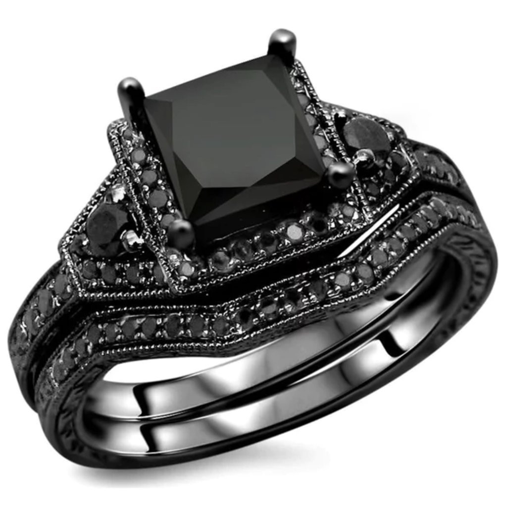 Wedding Rings Black Diamond
 Black Diamond 925 Sterling Silver Engagement Ring Set