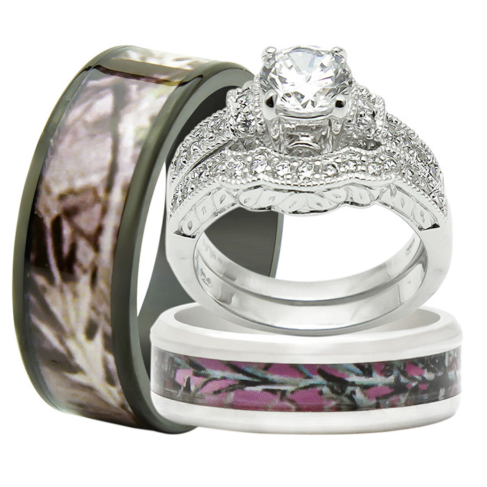 Wedding Rings For Him And Her Matching
 4pcs His & Hers Titanium Camo 925 Sterling Silver Wedding