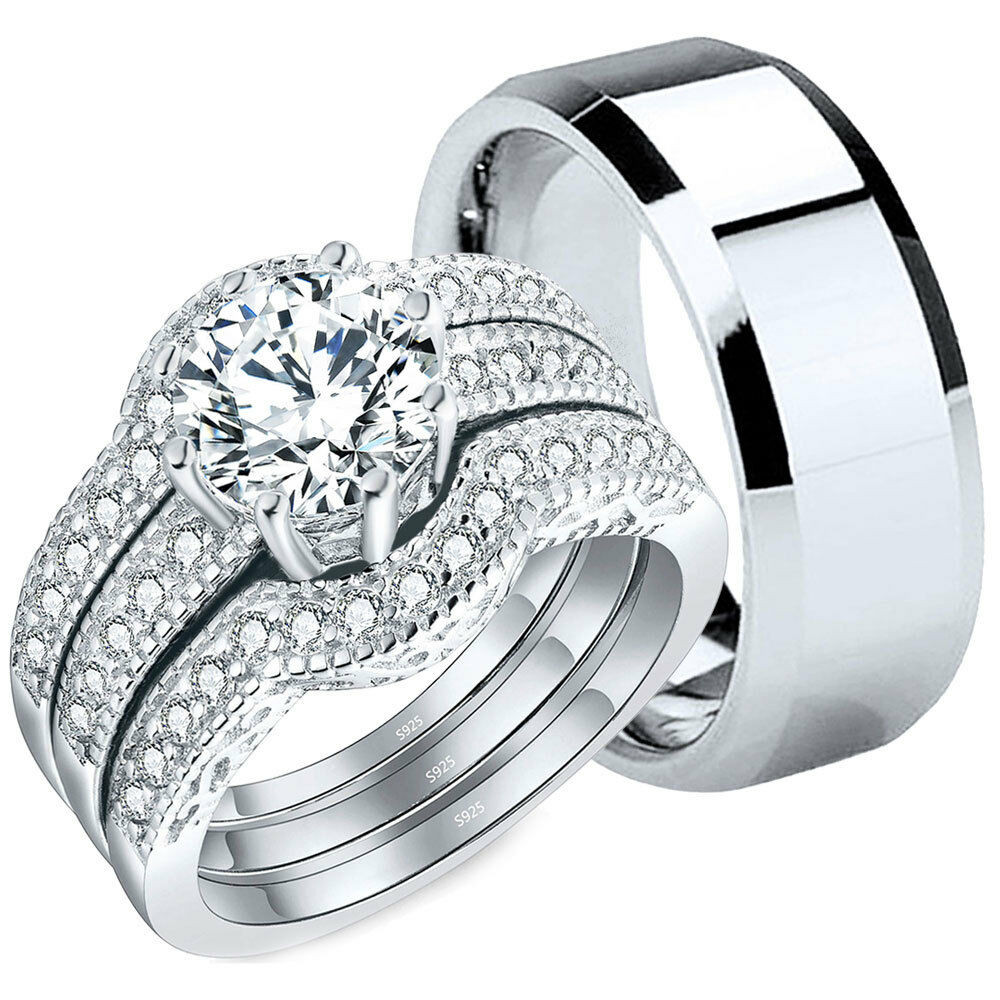 Wedding Rings Sets For Him And Her
 4 Pcs His Tungsten Hers Sterling Silver CZ Wedding
