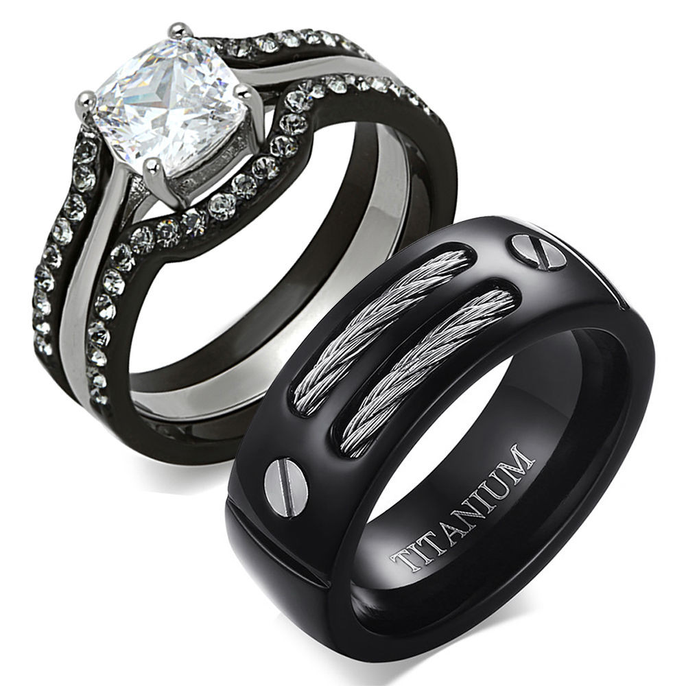 Wedding Rings Sets For Him And Her
 HIS & HERS 4 PC BLACK STAINLESS STEEL TITANIUM Wedding