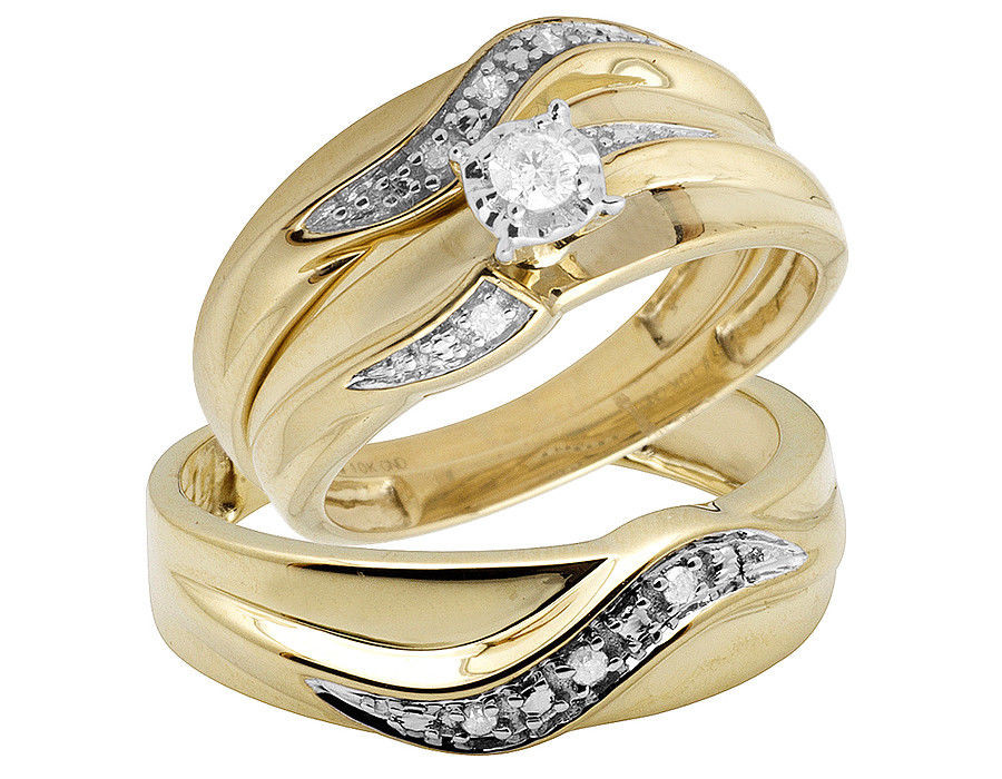 Wedding Rings Trio
 10K Yellow Gold Real Diamond Solitaire Engagement Bridal