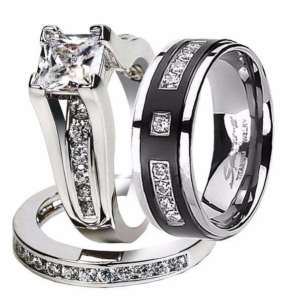 Wedding Rings Trio
 His Hers 3 Pcs CZ 925 Sterling Silver Black Titanium