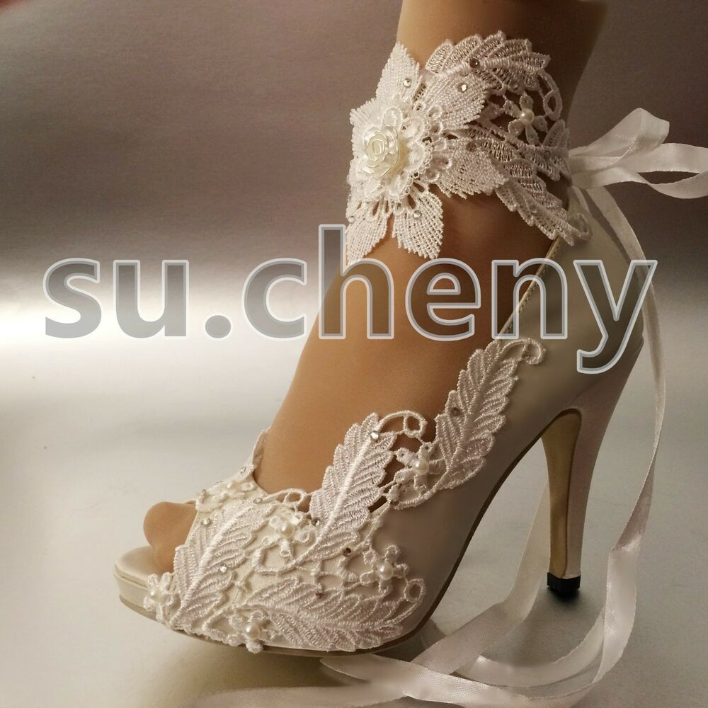 Wedding Shoes For Bride Ivory
 3" 4” heel white ivory satin lace ribbon open toe Wedding
